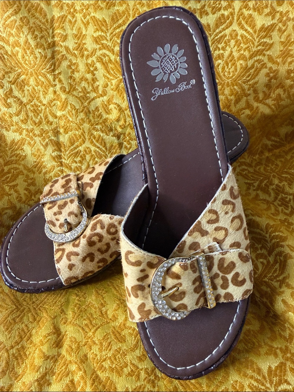 Yellow Box Leopard Print Slide Sandals with Rhinestone Buckle Accents